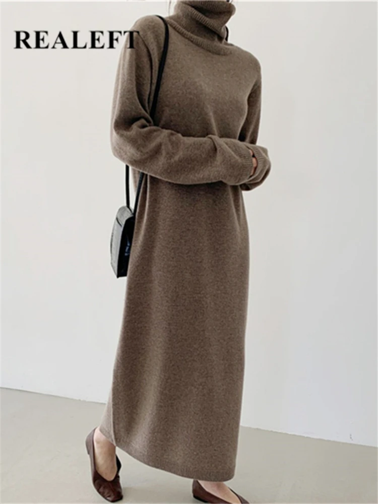 

REALEFT Autumn Winter Loose Turtleneck Straight Women Sweater Dresses 2023 New Long Sleeve Warm Knitted Chic Long Dresses Female