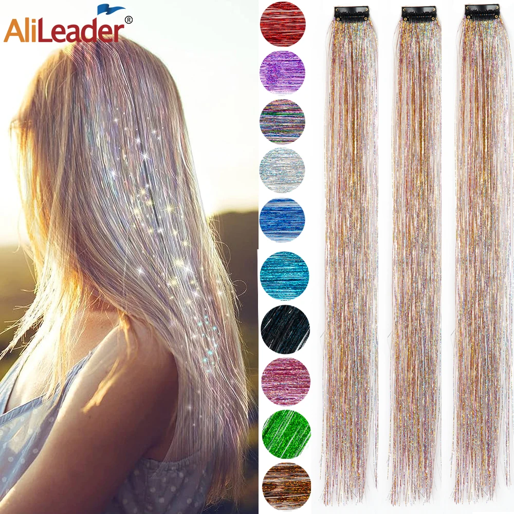 

Straight Rainbow Colored Party Highlights Clip On In Hair Extensions Bling Hair Piece Synthetic Hairpieces Sparkling Tinsel Red