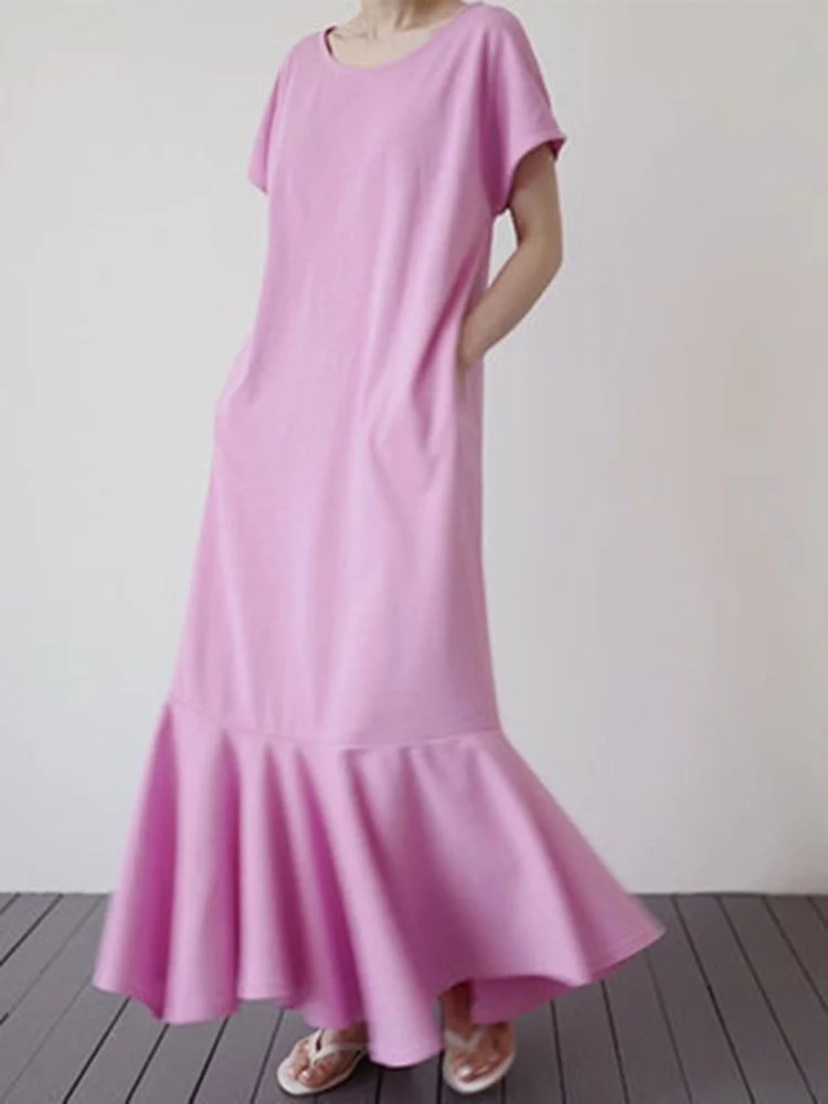

Платье женское средней длины с оборками, однотонное прямое свободное модное с коротким рукавом и круглым вырезом, модель B353 на лето, 2022