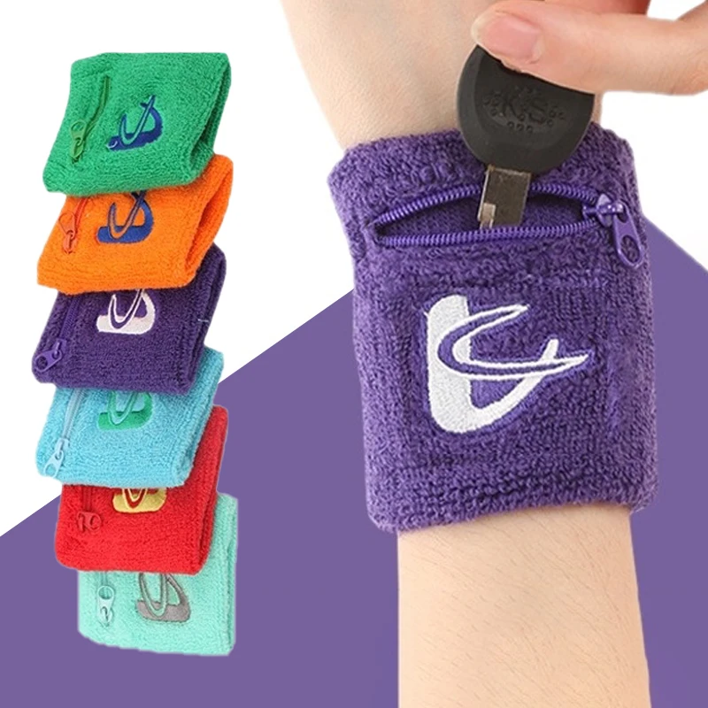 

1Pair Basketball Fitness Wristbands Zipper Pocket Storage Soft Sweatband Tennis Badminton Sport Wrist Guard Support Brace Wraps