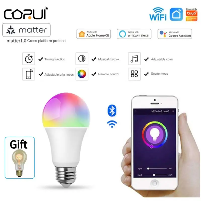 

CORUI WiFI Matter Homekit A19 Smart LED Light Smart Dimmable Bulb RGB CW Support Smart Life APP Siri Google Home Alexa Assistant