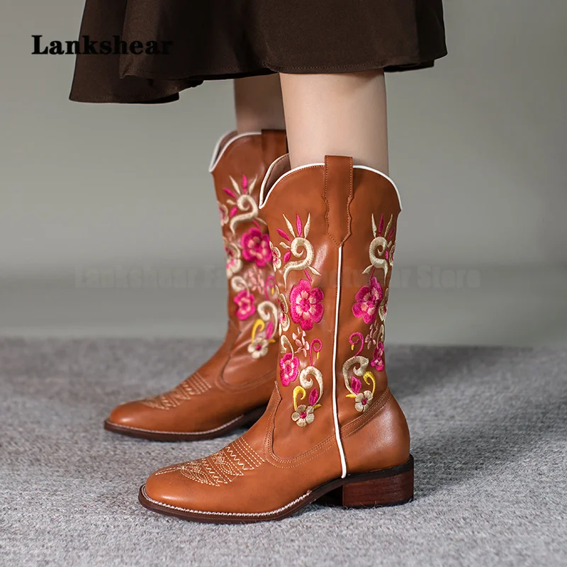 

Women's Embroidered Cowgirl Boots Spring Autumn Mid-Calf Chunky Heel Denim Western Style Cowboy Boot Knee High Wide Calf Booties