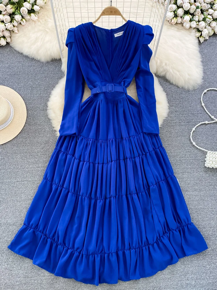 Women Black/Blue Ruffle Draped Party Long Dress Vintage V-Neck Deep V-Neck Pleated Maxi Robe Female New Fashion
Women Black/Blue Ruffle Draped Party Long Dress Vintage V-Neck Deep V-Neck Pleated Maxi Robe Female New Fashion