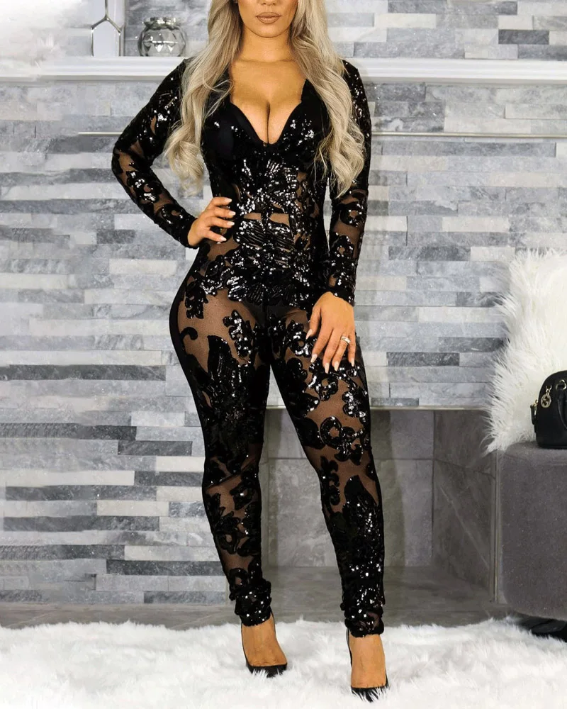 

Fashion Women Contrast Sequin Plunging Neck Sheer Mesh Jumpsuit 2023 Women V Neck Sexy Slim Fit Long Sleeve One Piece Suit New
