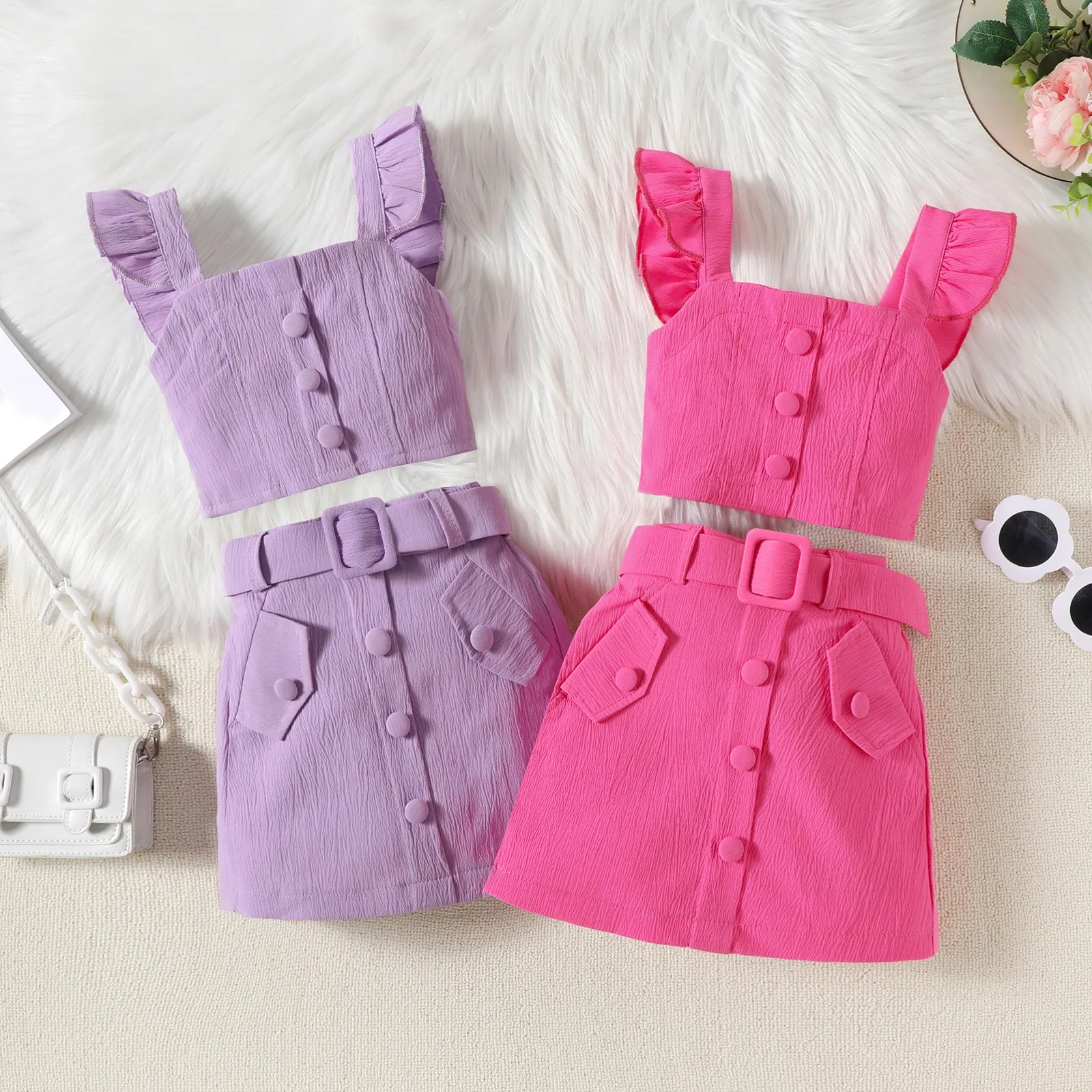 

18M-6T Korean Fashion Summer Girls Solid Color Flying Sleeve Suspender Top Decorated With Single-Breasted Skirt Belt 3Piece Suit