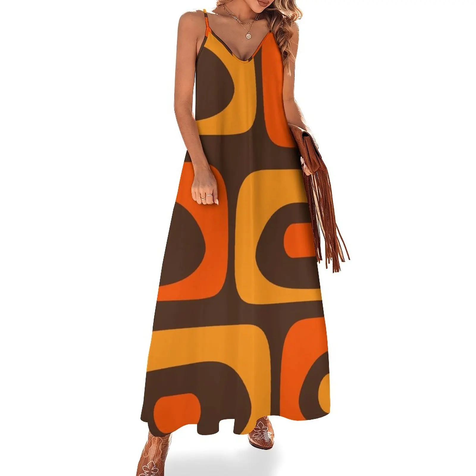 

Платье без рукавов среднего века в стиле ретро, минималистичное свободное летнее платье в стиле 1950-х, коричневое и оранжевое, с абстрактным изображением Пике
