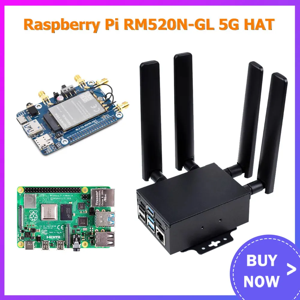 

RM520N-GL 5G HAT for Raspberry Pi with Case Quad Antennas LTE-A Global Band GNSS Positioning Support 3GPP 16 4G/3G
