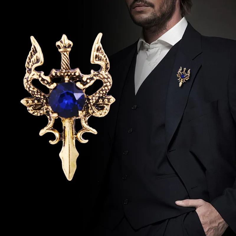 

New Vintage Metal Dragon Sword Brooch Pin Animal Rhinestone Lapel Pins Men's Suit Shirt Badge Corsage Jewelry Accessories