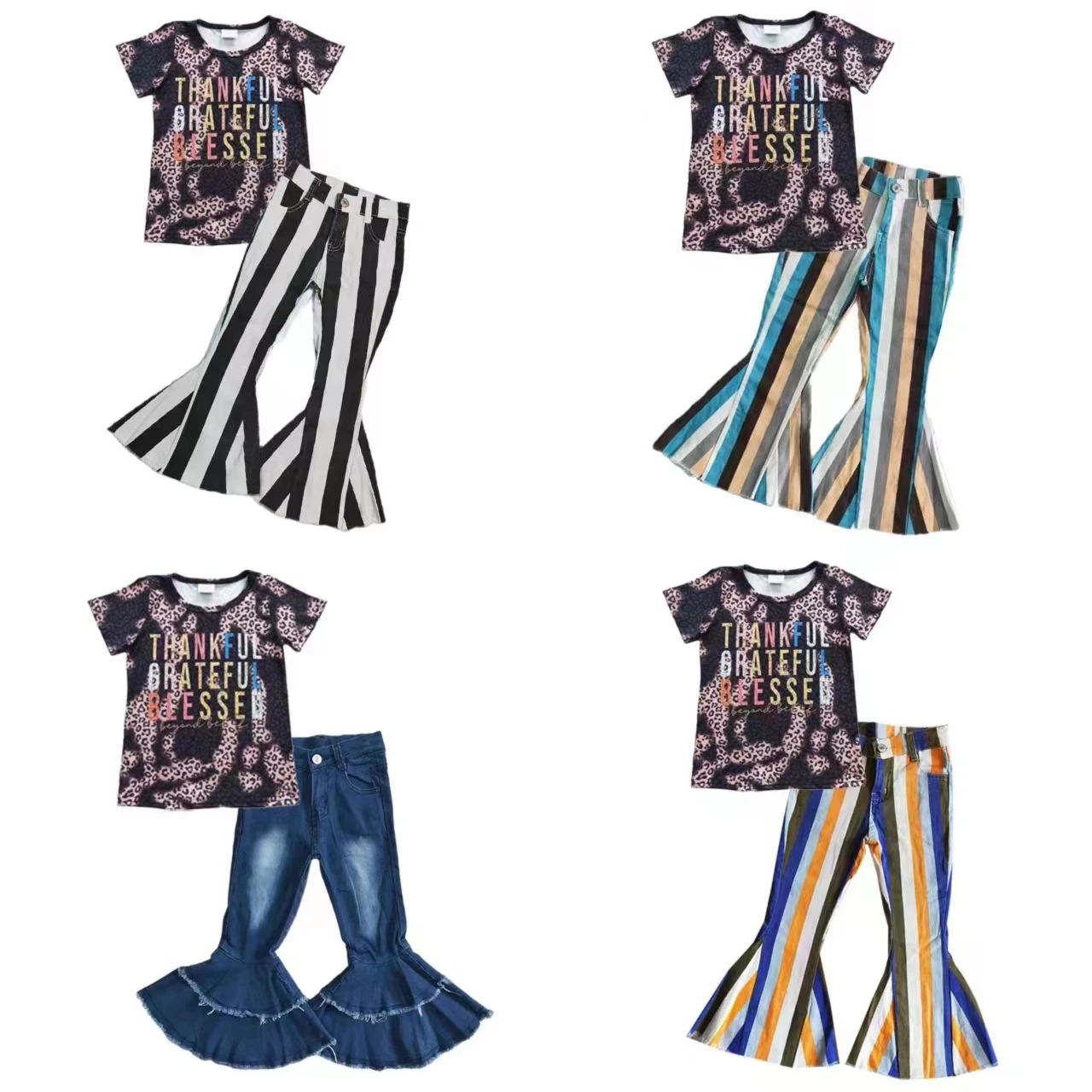 Оптовая продажа, Джинсовый комплект для малышей, с коротким рукавом, благодарная надпись, рубашка с леопардовым принтом, джинсовые штаны с колокольчиком, детская одежда для младенцев
Оптовая продажа, Джинсовый комплект для малышей, с коротким рукавом, благодарная надпись, рубашка с леопардовым принтом, джинсовые штаны с колокольчиком, детская одежда для младенцев