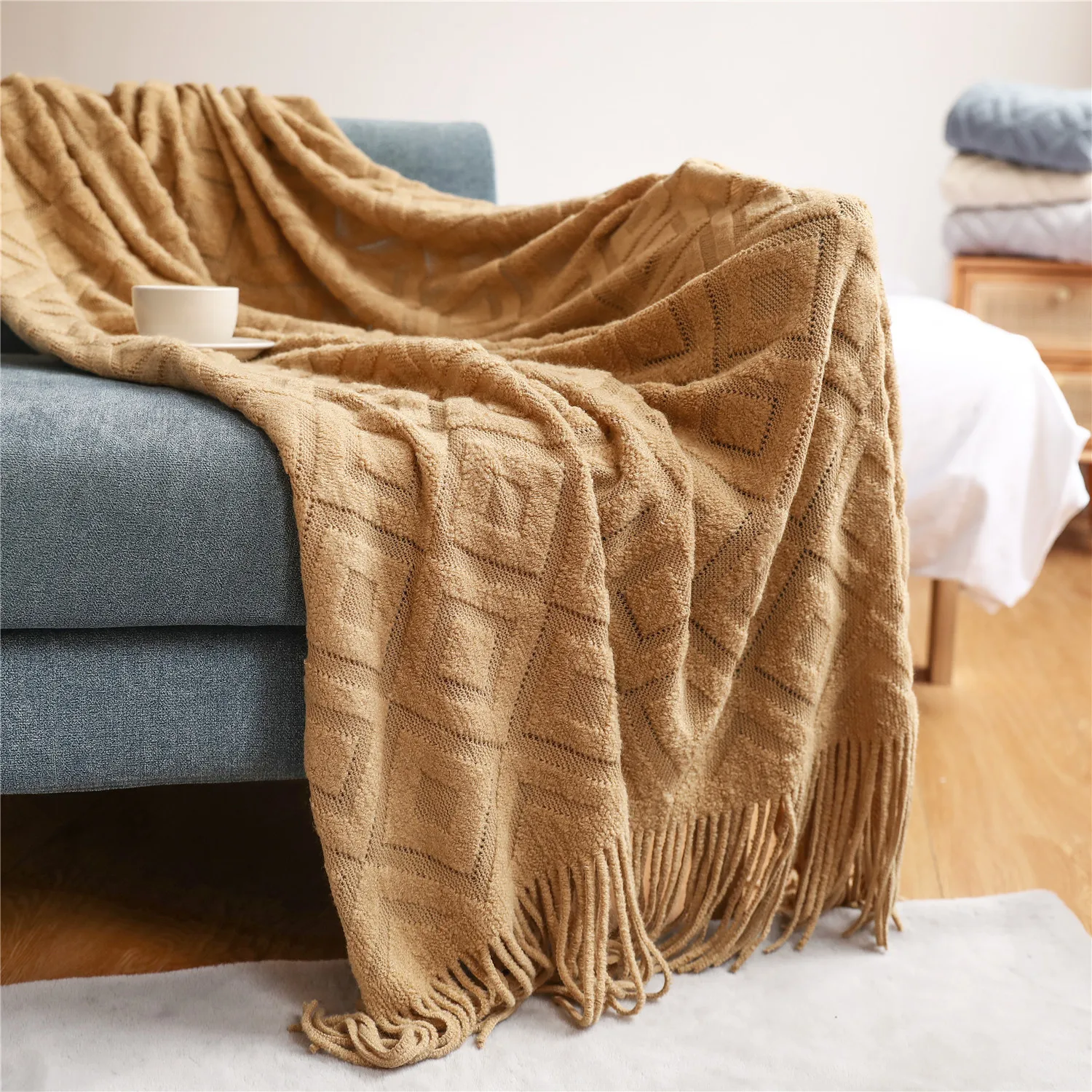 

Textured Knitted Super Soft Throw Blanket with Tassels - Warm Fluffy Cozy Plush Knit - for Fall Couch Bed Sofa Living Room Decor