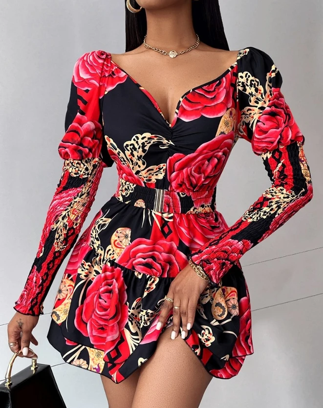 

Women's Dresses 2024 Spring Fashion Sexy V-Neck Floral Print Shirred Layered Dress Gigot Sleeve Mini Slim Fit Dress