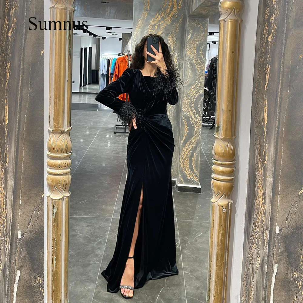 Sumnus Black Velour Mermaid Evening Dresses Feather Long Sleeve Pleats Back Sequins Beads Side Split Evening Party Dress 2024
Sumnus Black Velour Mermaid Evening Dresses Feather Long Sleeve Pleats Back Sequins Beads Side Split Evening Party Dress 2024