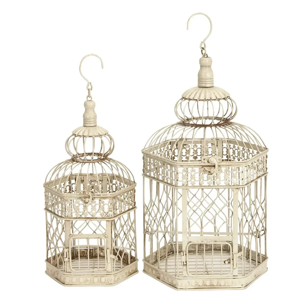 

Cream Vintage Metal Birdcage with Crisscross Vertical Bars and Floral Embossed Design, Set of 2 21", 18"H