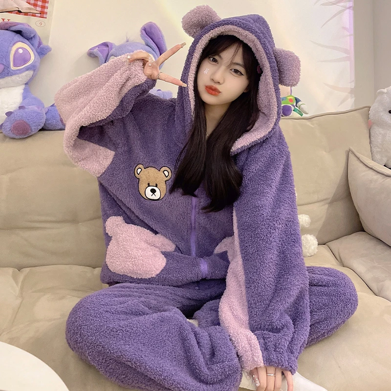 Winter Women Pajamas Sets Thicken Cartoon Bear Sleepwear kawaii Pijamas Femme Hooded Girls Soft Warm Zipper Pijama Set
Winter Women Pajamas Sets Thicken Cartoon Bear Sleepwear kawaii Pijamas Femme Hooded Girls Soft Warm Zipper Pijama Set