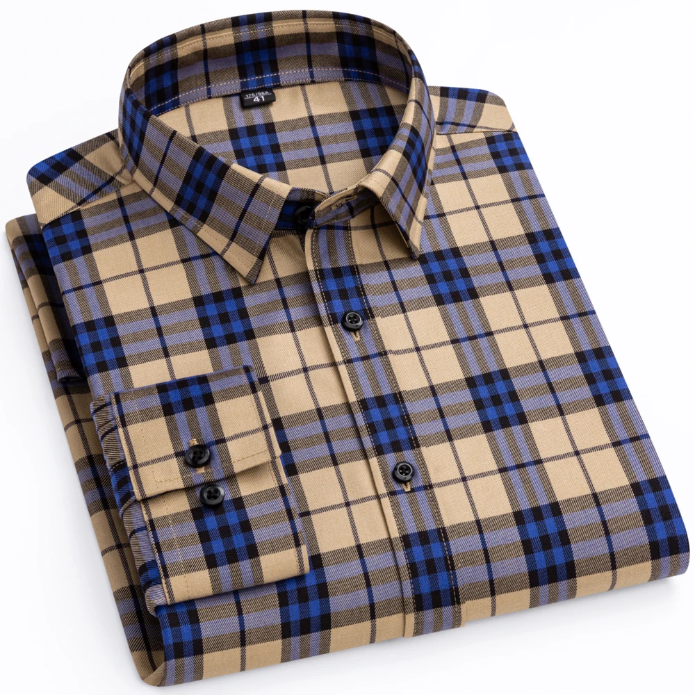 

Men's Quality Modal Cotton Striped Plaid Dress Shirt Without Pocket Stylish Casual Standard-fit Long Sleeve Gingham Shirts