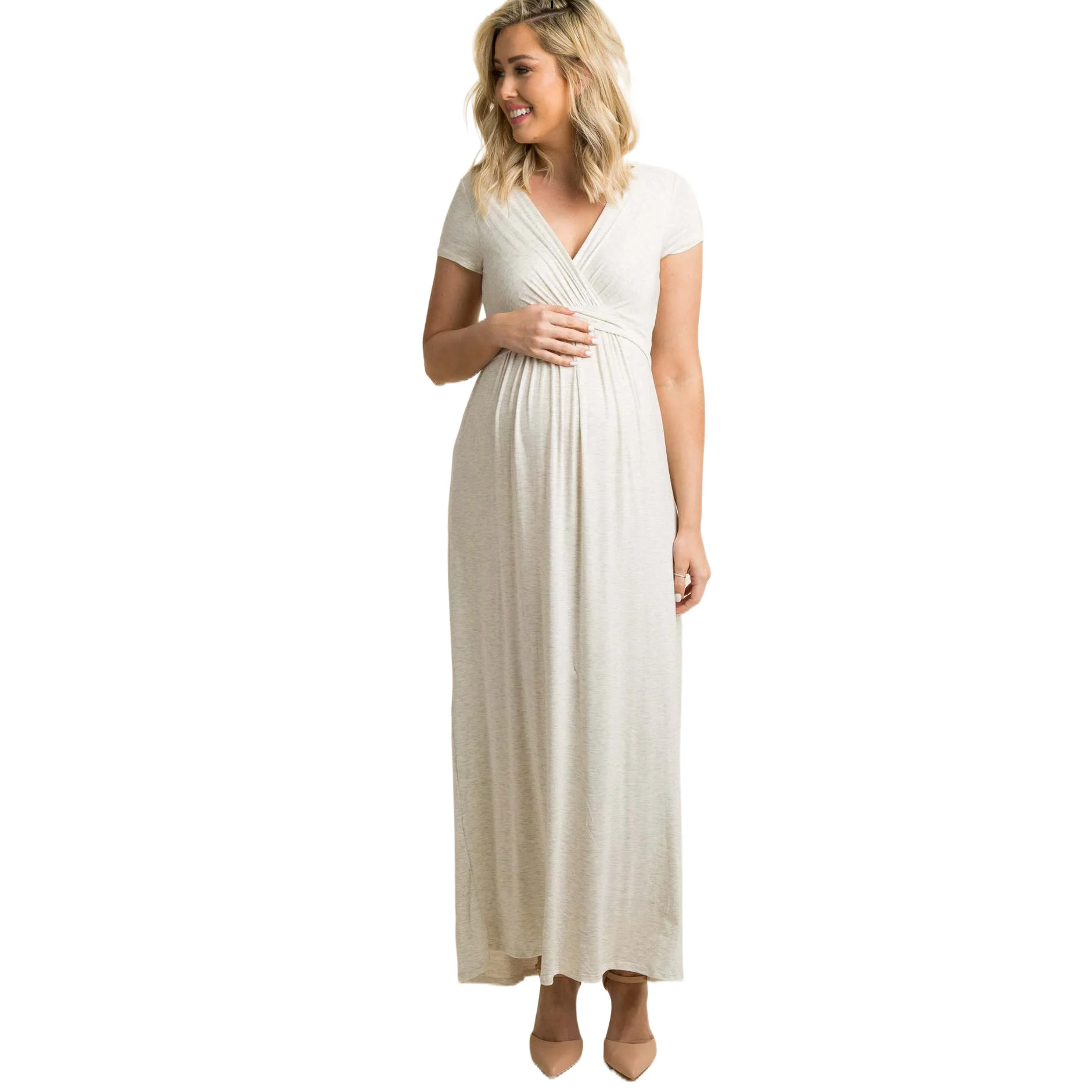 

Maternity Dress Patchwork Short Sleeve Ruched Waist Casual Wrap Maxi Pregnancy Dress for Photoshoot Baby Shower