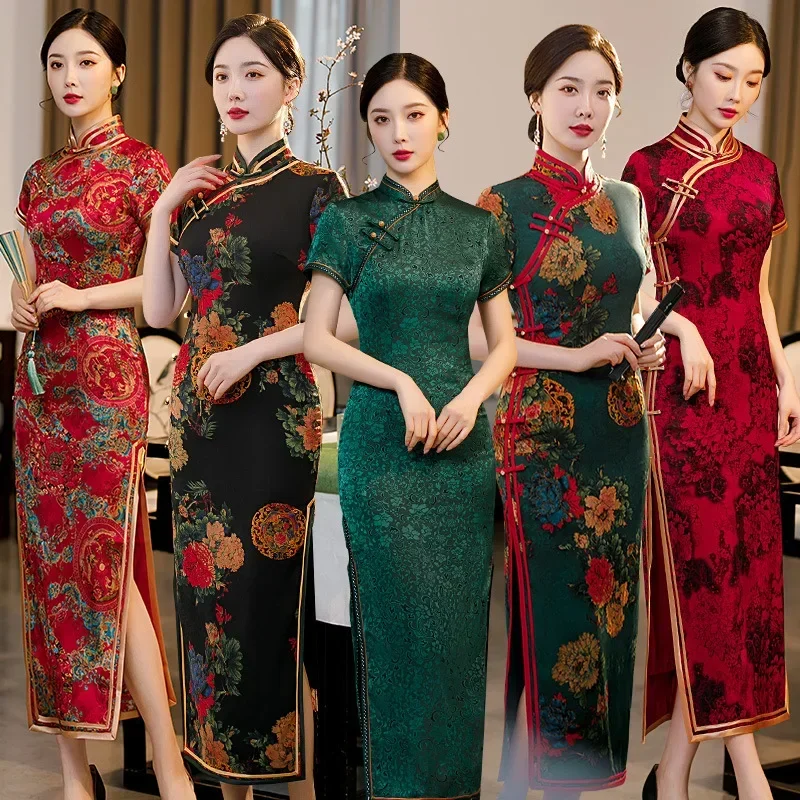 

10 Color Traditional Chinese Cheongsam For Women Retro Elegant Floral Print Long Dresses Improved Slim Cheongsam 5XL Plus Size