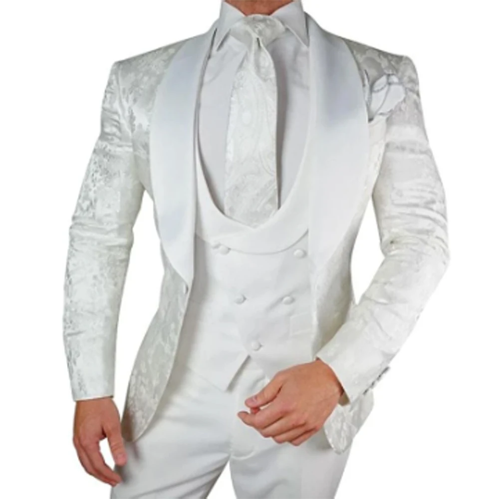White Floral Wedding Tuxedo for Groom 3 Pieces Slim Fit Men Suits with Satin Shawl Lapel Custom Male Fashion Costume Jacket Vest
White Floral Wedding Tuxedo for Groom 3 Pieces Slim Fit Men Suits with Satin Shawl Lapel Custom Male Fashion Costume Jacket Vest