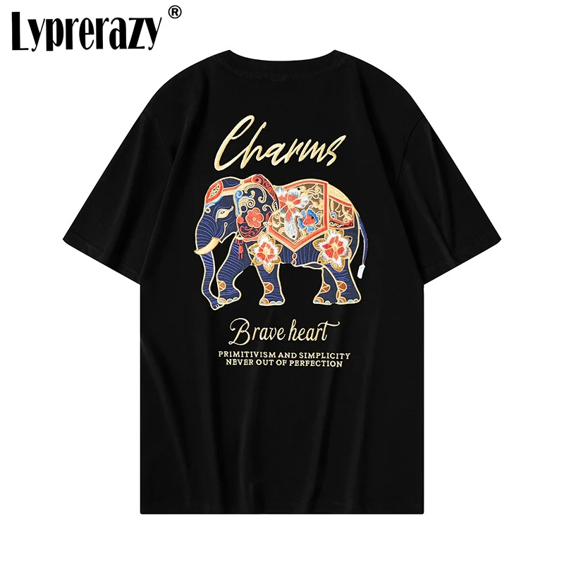 

Lyprerazy Национальный стиль красочные вышитые слоны с коротким рукавом футболка летние хлопковые свободные мужские топы футболки