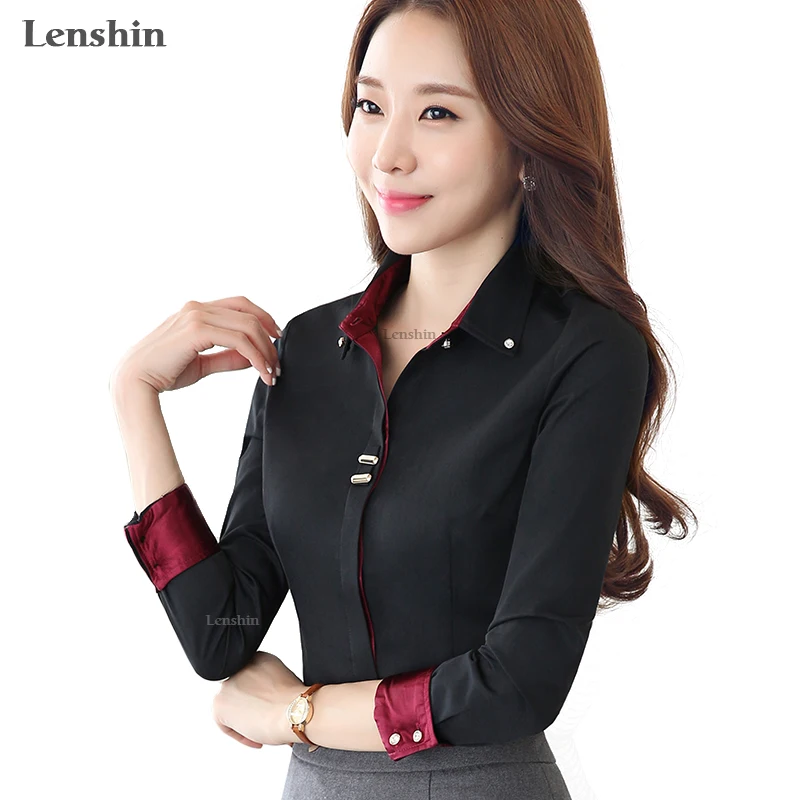 

Lenshin Turn-down collar Autumn wear long sleeve women black blouse Shirt female casual style elegant fashion slim tops