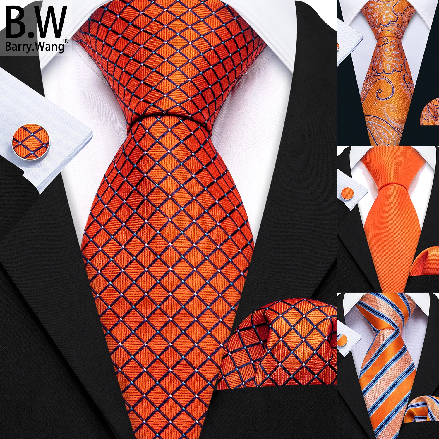 

Barry.Wang Orange Tiger Yam Silk Men Tie Handkerchief Cufflink Set Jacquard Paisley Floral Necktie Male Wedding Business Party