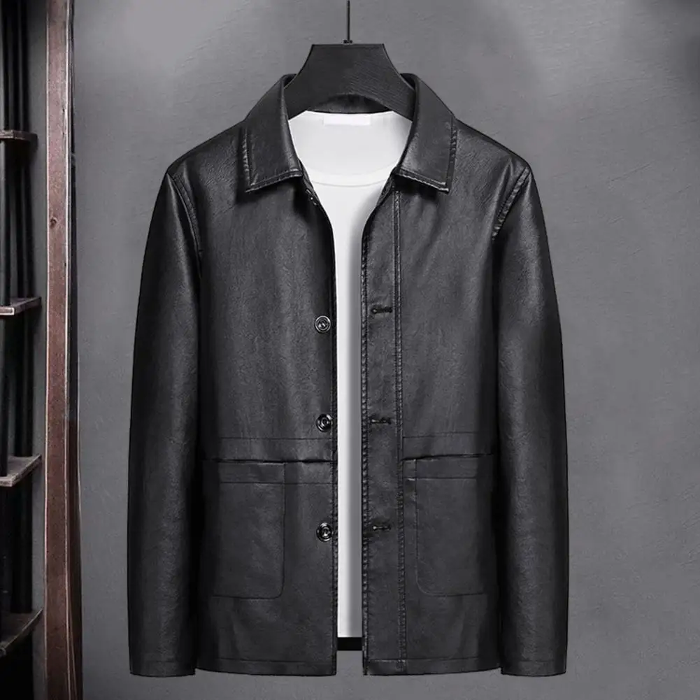 Men Faux Leather Jacket Casual Lapel Long Sleeve Pockets Male Coat Single-breasted Motorcycle Coat Fleece Lining Male Outwear
Men Faux Leather Jacket Casual Lapel Long Sleeve Pockets Male Coat Single-breasted Motorcycle Coat Fleece Lining Male Outwear