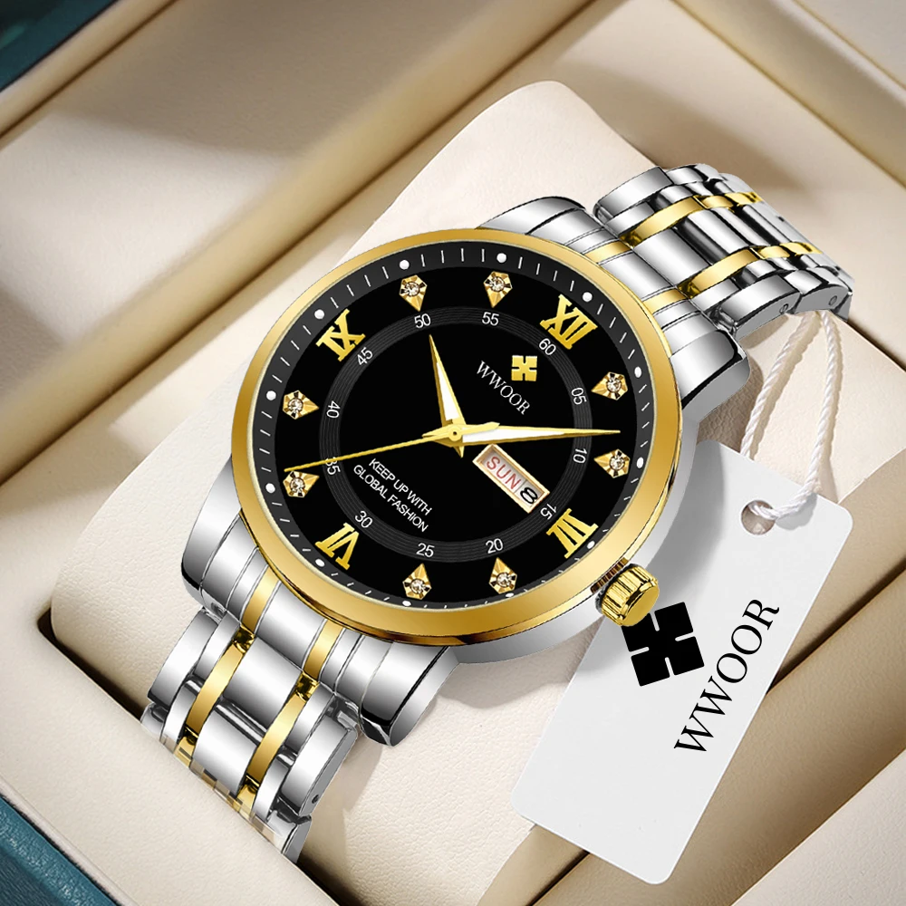 

WWOOR reloj Top Luxury Men Quartz Watch For Men Sports Waterproof Luminous Stainless Steel Date Week Men's Watches Male Clock