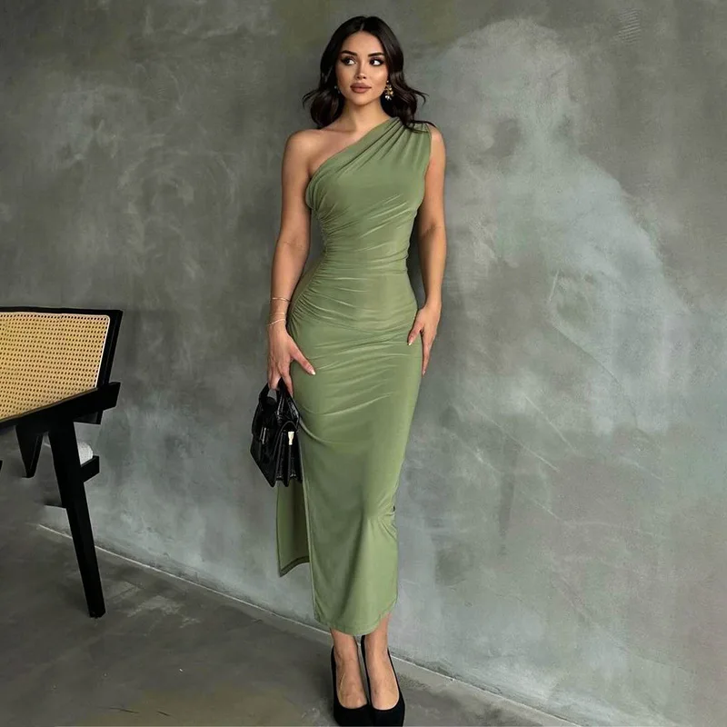 

Women's Solid Color Slanted Shoulder Party Dress Pleated Sleeveless Waist Cinching Prom Gown Sexy Slit Holiday Evening Robes