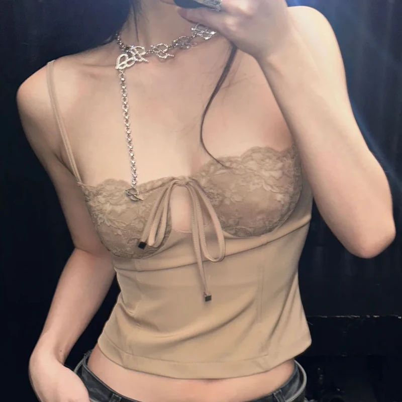 

4.17 KlasonBell Fashion Hot Girl Lace Spliced Strapless Camisole Women Sexy Hollow Out Bandage Slim Spaghetti Strap Tank Top