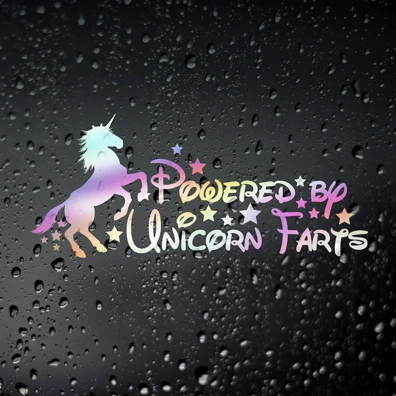 

Powered by Unicorn Farts Funny Car Oil Slick Sticker Decal - Girl Racer JDM Rat Look