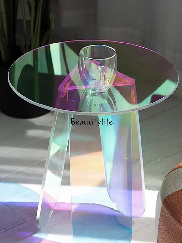 

Боковой столик из радужного закаленного стекла, цветной маленький круглый столик для гостиной, дизайнерский кофейный столик для балкона