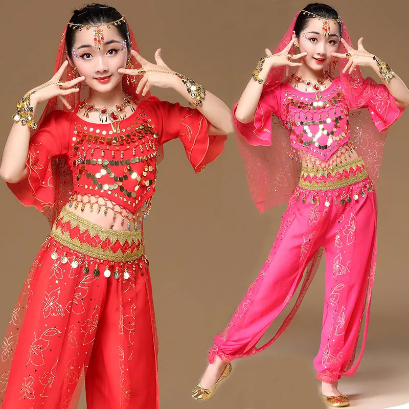 

Детские индийские танцевальные комплекты, одежда для выступлений для девочек, платье для детей, для танца живота, 6 цветов, костюмы для египетских танцев, Одежда Для Болливуда