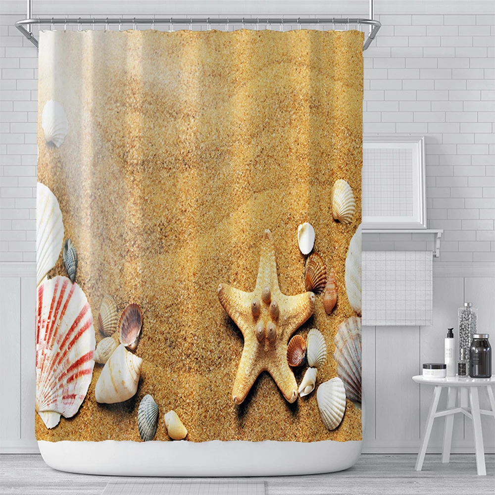 

Sea Waves Shell Starfish Print Shower Curtain Tropical Blue Sky Conch Seashell Beach Ocean Scenery Bath Curtains Bathroom Decor