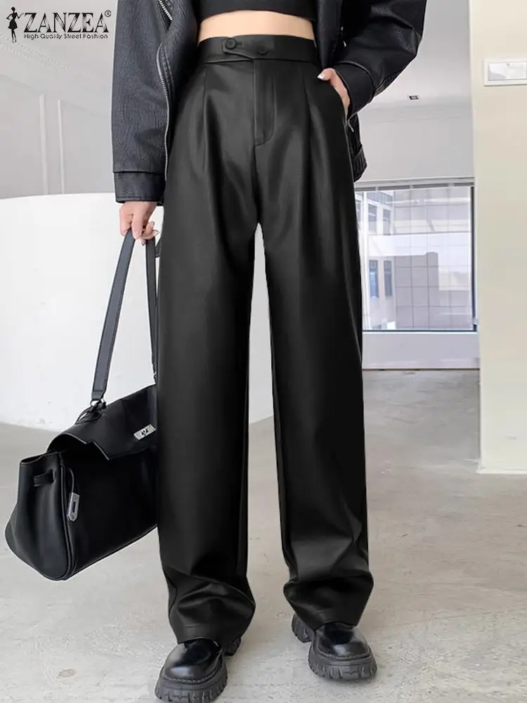 

ZANZEA Autumn PU Leather Pants Korean Style Bottoms Women High Waist Pleating Long Trouser 2023 New Fashion Pocket Pantalons