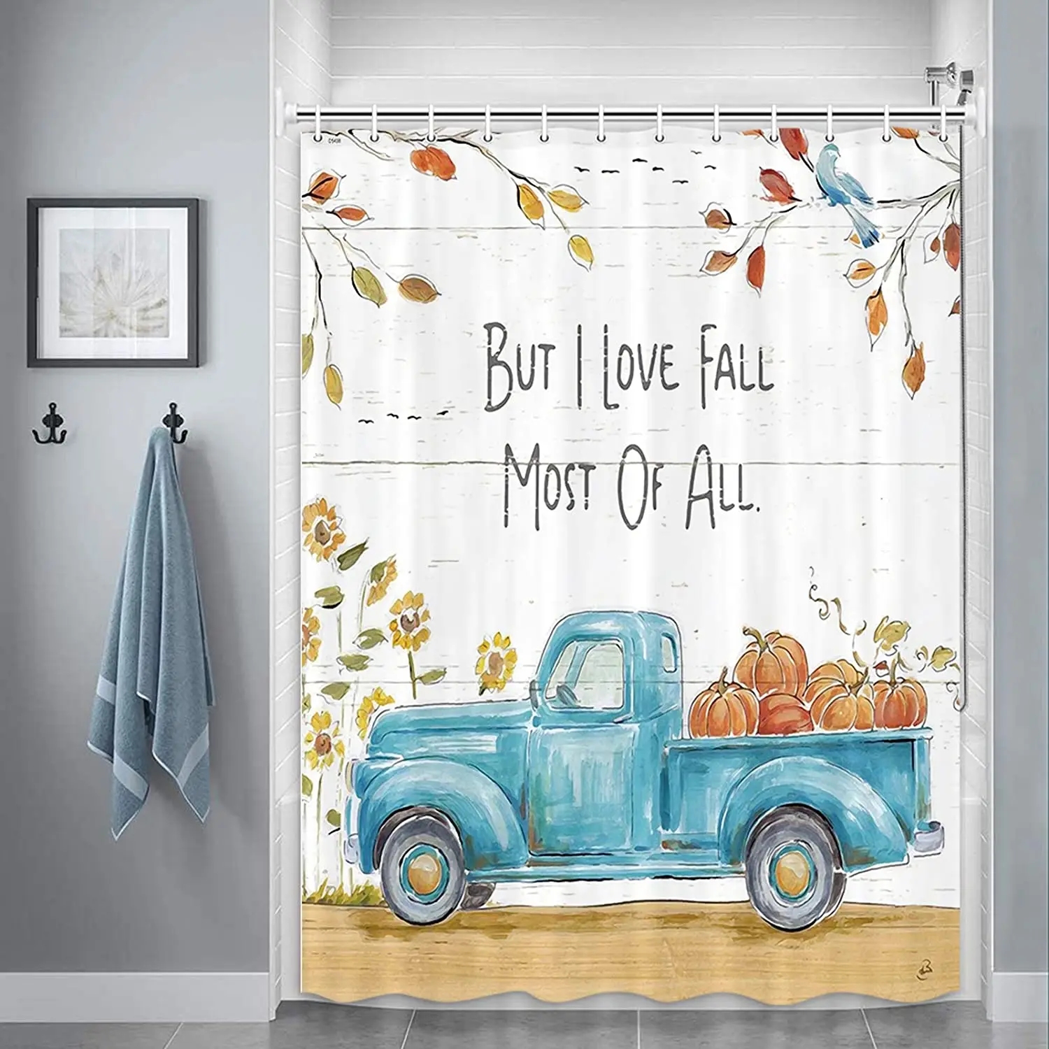 

Autumn Fall Shower Curtain Watercolor Blue Car Truck with Pumpkin Sunflower Wooden Bathroom Curtains Country Rustic Farmhouse