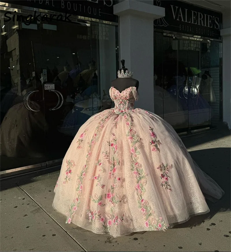 

Розовое милое платье принцессы, бальное платье с открытыми плечами, бусинами, кристаллами, цветочной аппликацией, 16-дневное милое платье