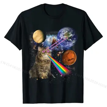 갤럭시 스페이스에서 레이저 및 무지개 촬영 고양이, 독특한 여름 티셔츠, 코튼 보이 탑 티셔츠