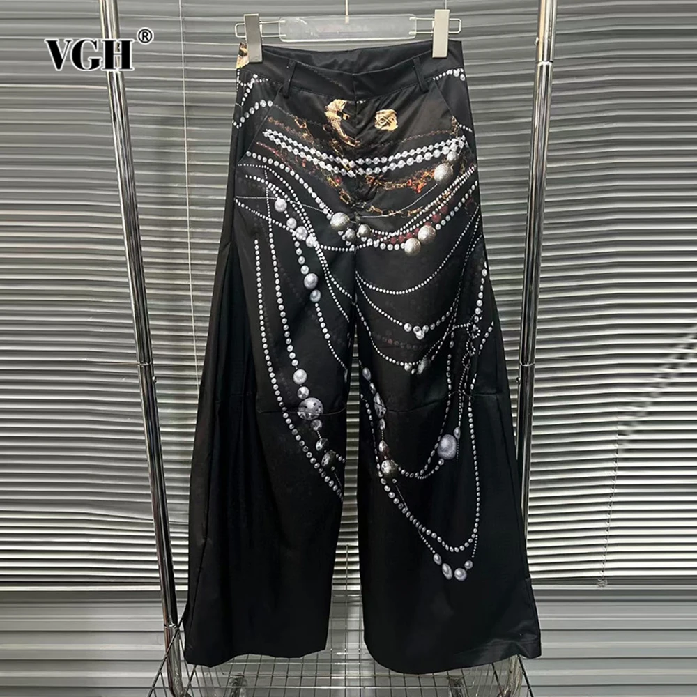 

VGH Hit Color Pearl Printing Casual Long Pant For Women High Waist Spliced Zipper Minimalist Loose Wide Leg Pants Female Style