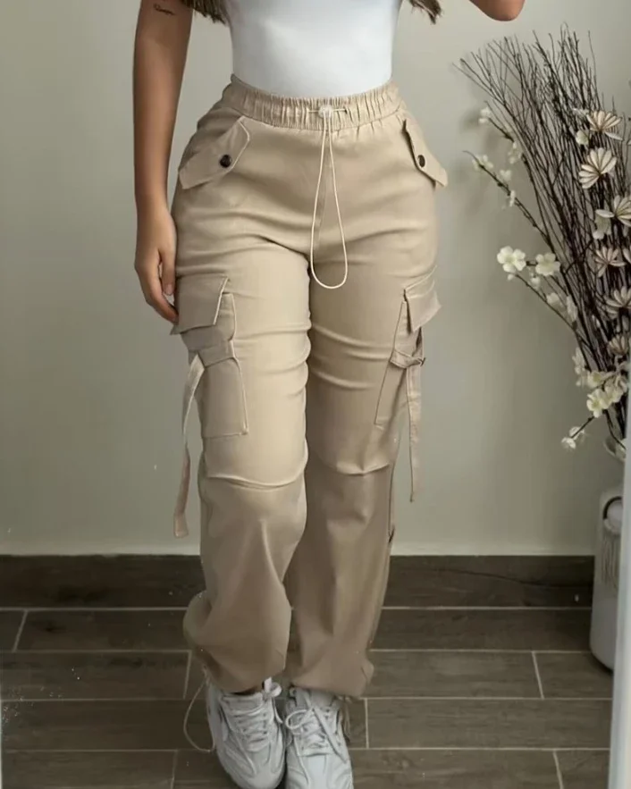 

Women's Cargo Pants 2024 Spring Fashion Street Pocket Design Drawstring Cuffed Pants Daily Casual Plain Long Pants Versatile