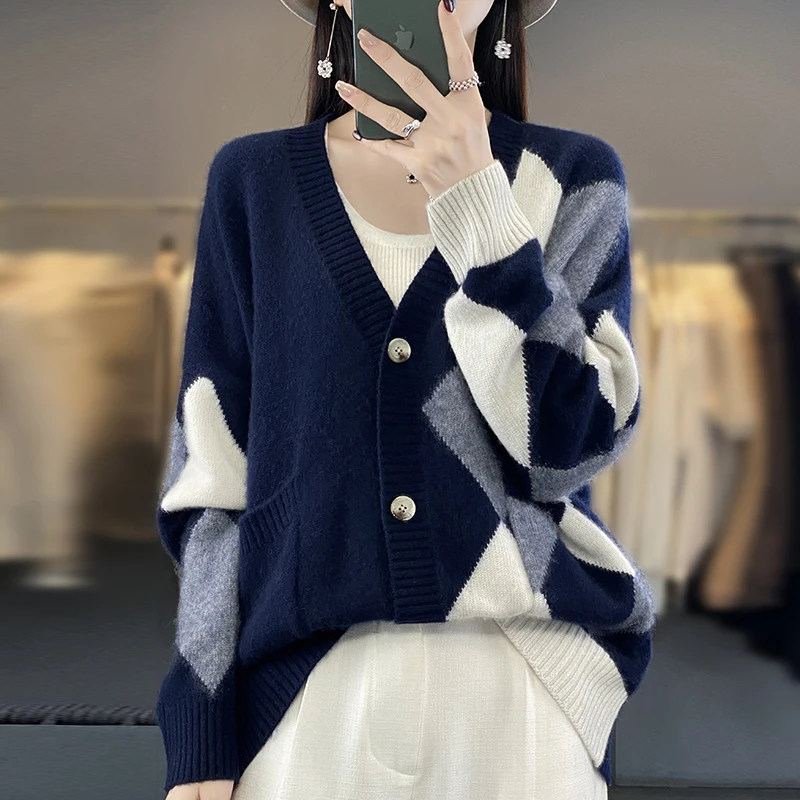 

Woolen Sweater Contrasting Colors Cardigan Women Autumn VNeck Vintage Knitted Top Sweater Casual Loose Knitwear Winter Overcoat