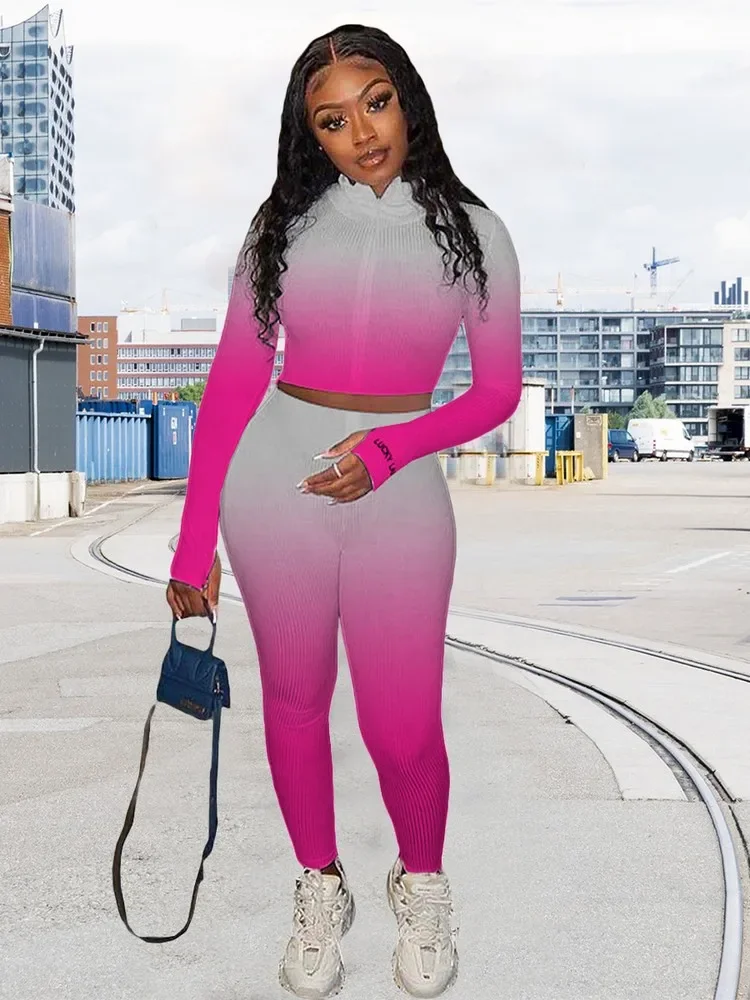 Gradient Sporty Ribbed Two Piece Outfits Tracksuits For Ladies Zip Up Full Sleeves Crop Top+High Waistline Pants Sets Activewear
Gradient Sporty Ribbed Two Piece Outfits Tracksuits For Ladies Zip Up Full Sleeves Crop Top+High Waistline Pants Sets Activewear