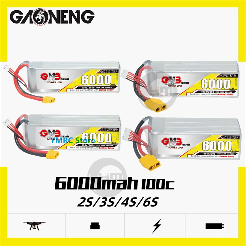 

Gaoneng GNB 6000mAh 100C 2S/3S/4S/6S 7.4V/11.1V/14.8V/22.2V LiPo Battery with XT60/XT90/T-Plug for RC Boats Drone Fixed Wing