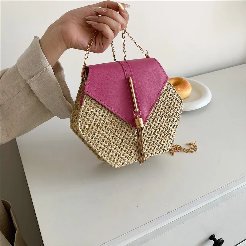 Hexagon Straw & Leather Handbag - Bohemian Woven Beach Shoulder Bag 10 S09675b803bc8461f93fad1e61e2963acC