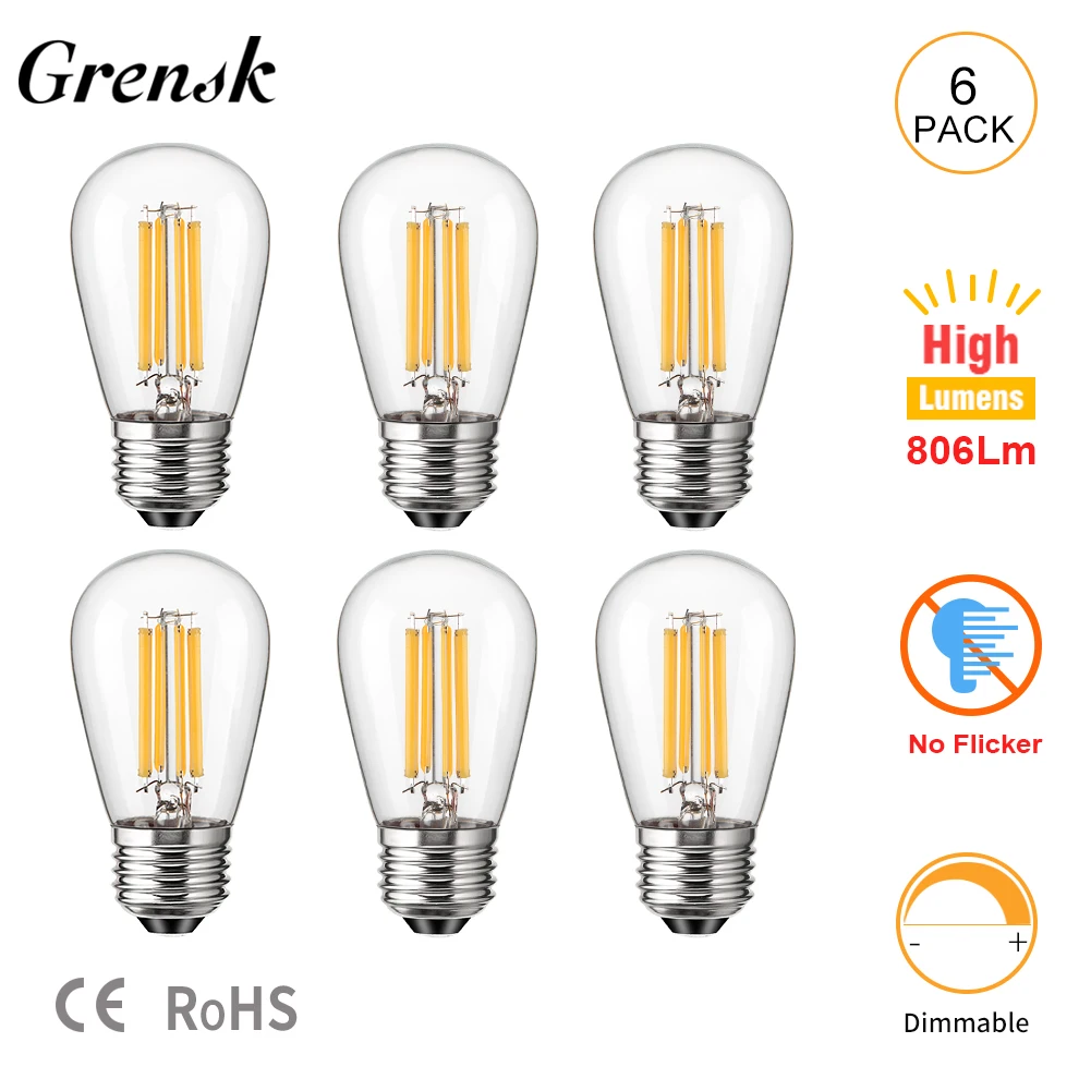 

ST45 6.5W Led Filament Bulb S14 Glass E27 Base 806lm High Lumen Energy Saving 2700K Dimmable Edison Light Lamp For Pendant Light