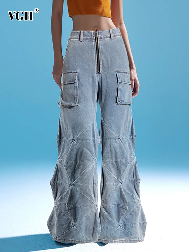 VGH Solid Casual Denim Floor Length Trousers For Women High Waist Patchwork Pockets Loose Wide Leg Jeans Female Fashion Style
VGH Solid Casual Denim Floor Length Trousers For Women High Waist Patchwork Pockets Loose Wide Leg Jeans Female Fashion Style
