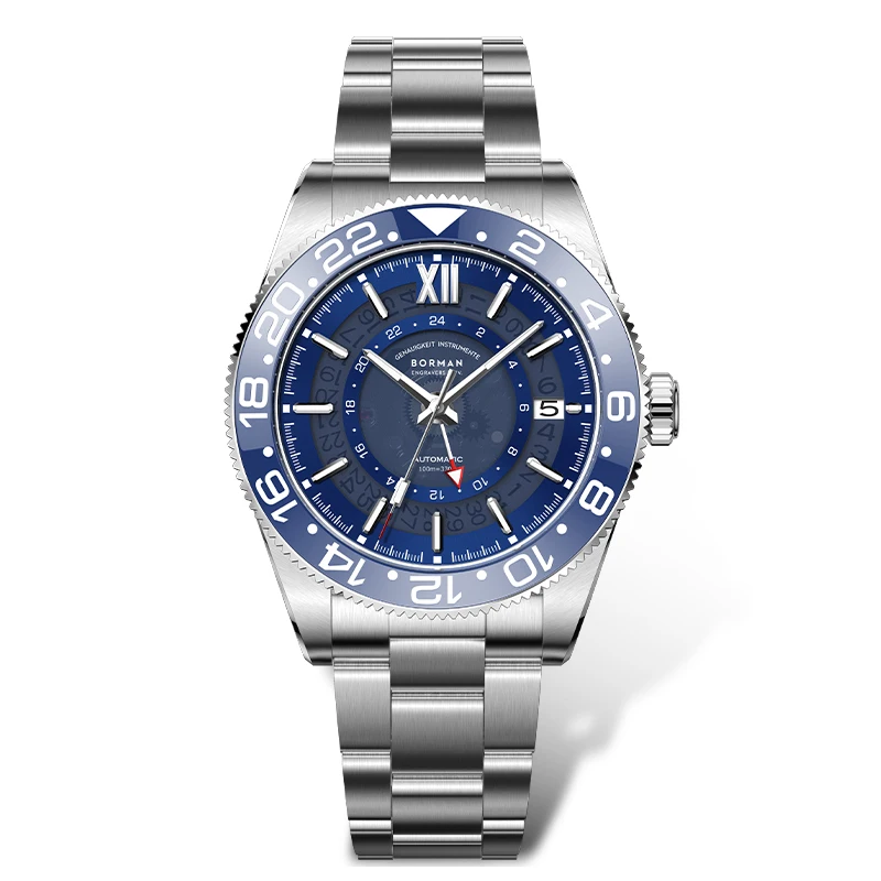 

BORMAN Men Luxury Watch 40mm GMT Automatic Mechanical Wristwatch Diver 100M Waterproof C3 Luminous Sapphire Ceramic Bezel NH34