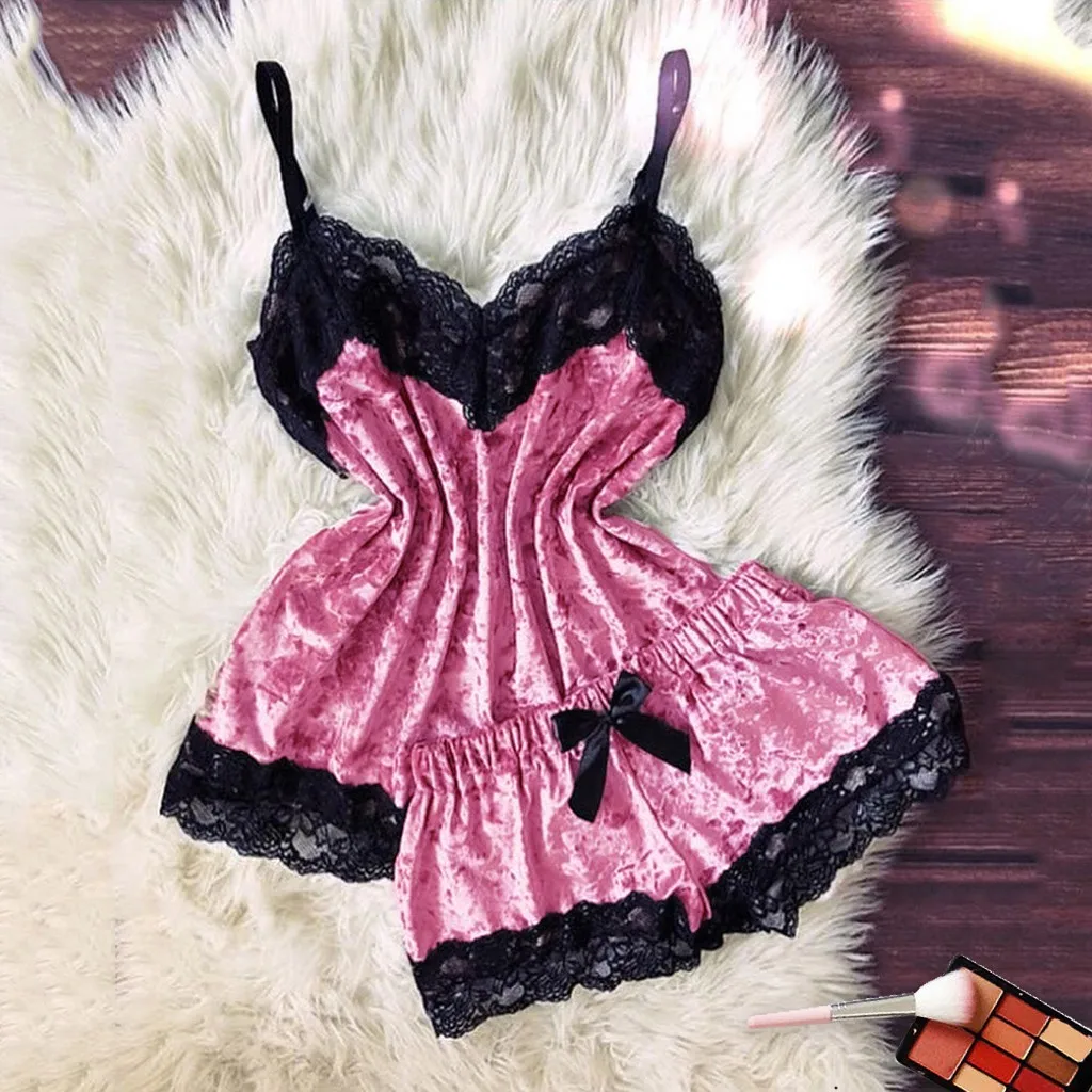 

Fashion Women Pajama Suit V-Neck Stretch Satin Babydoll Lace Sexy Lingerie Bowknot Pyjamas Sleep Shorts Set Sleepwear