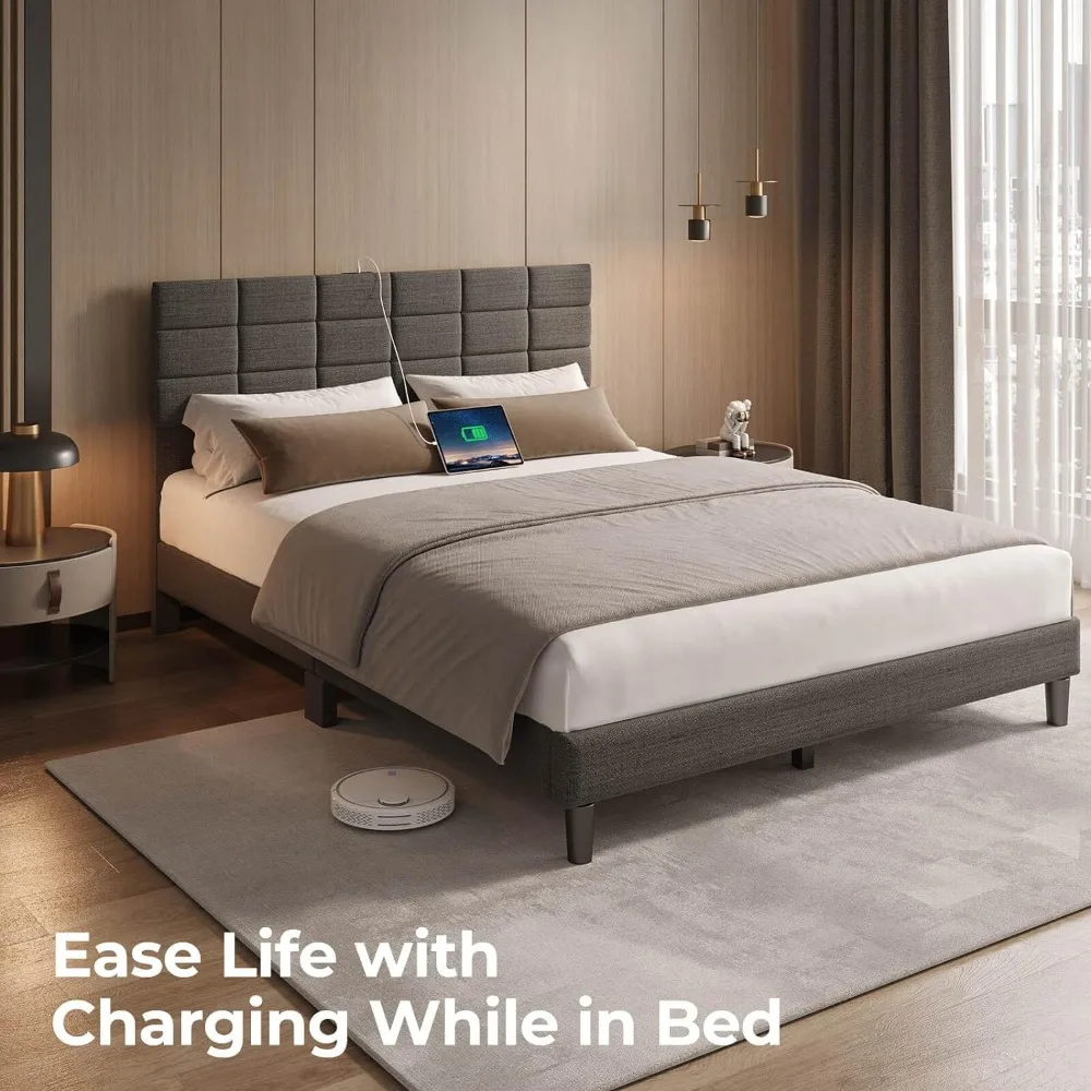 Bed Frame with Charging Station and Storage Headboard, Upholstered Bed with Heavy Duty Wood Slats, No Box Sprin
Bed Frame with Charging Station and Storage Headboard, Upholstered Bed with Heavy Duty Wood Slats, No Box Sprin