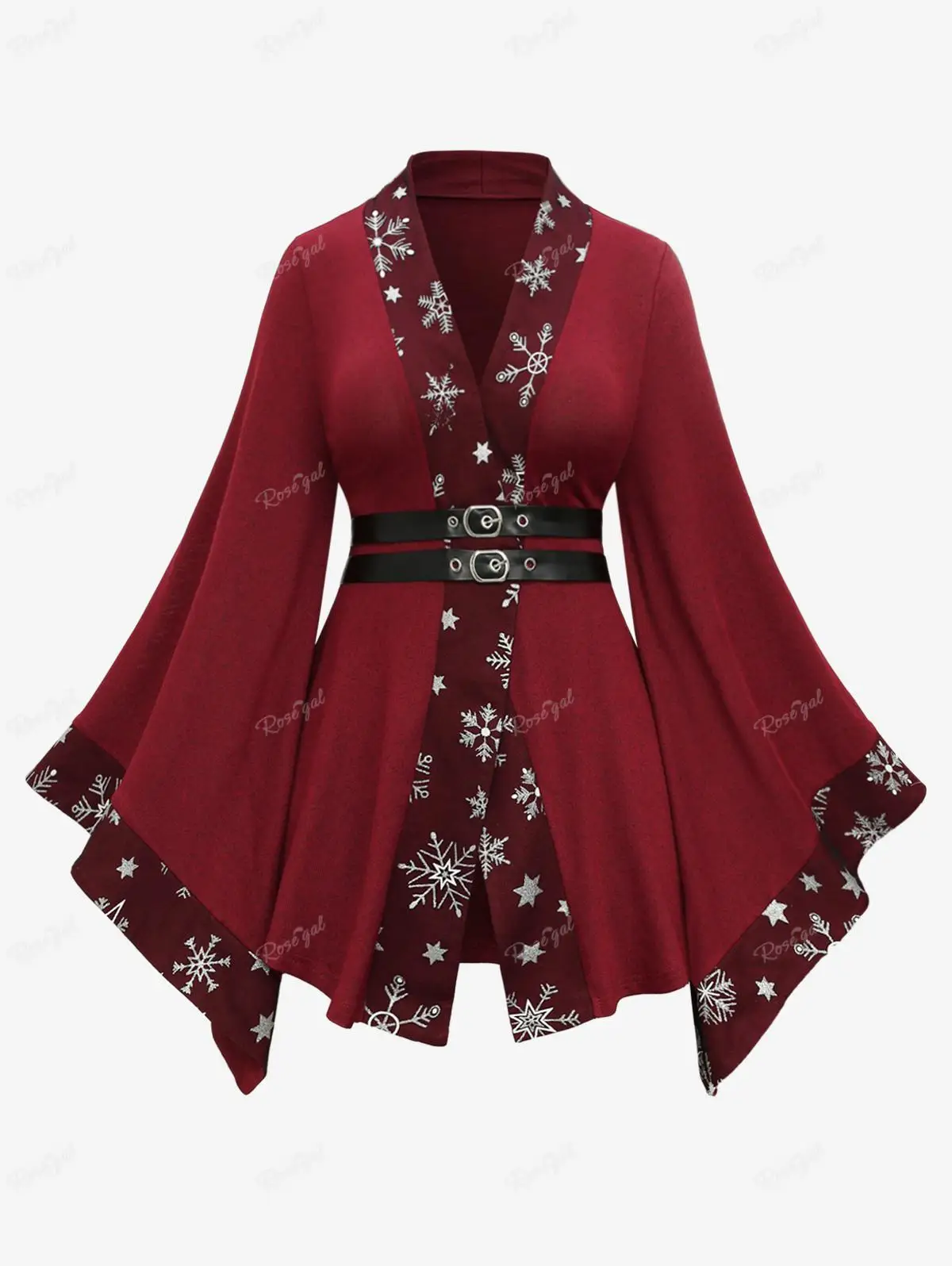 

ROSEGAL Plus Size T-shirt Women Christmas Snowflake Star Print Buckle PU Leather Bell Sleeve Top Autumn Collarless Casual Tees