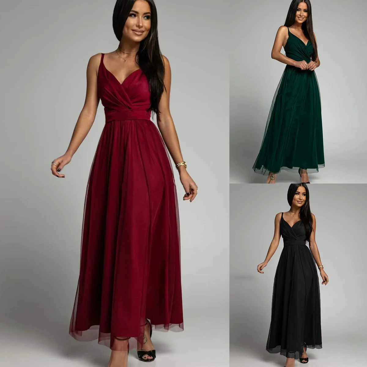 

Women's Sexy Mesh Evening Party Dress Black Green Burgundy Spaghetti Strap V-neck Elegant Long Prom Dresses Chic Bridesmaid Gown